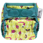 The Close Pop-In +bamboo reusable cloth nappy with adjustable velcro closures, in a flamingo print