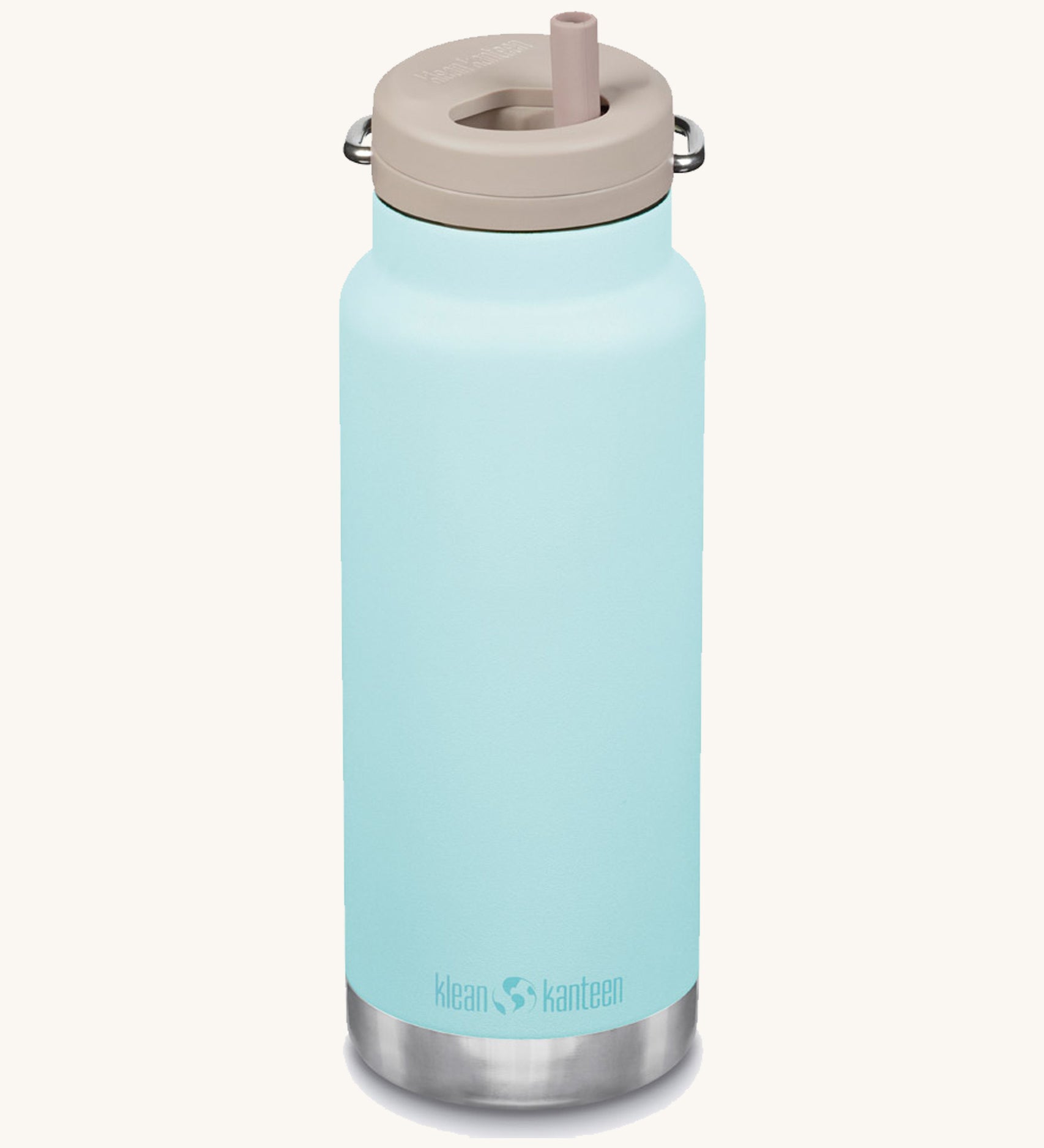 A blue Klean Kanteen 32oz TKWide insulated bottle with a twist straw cap.
