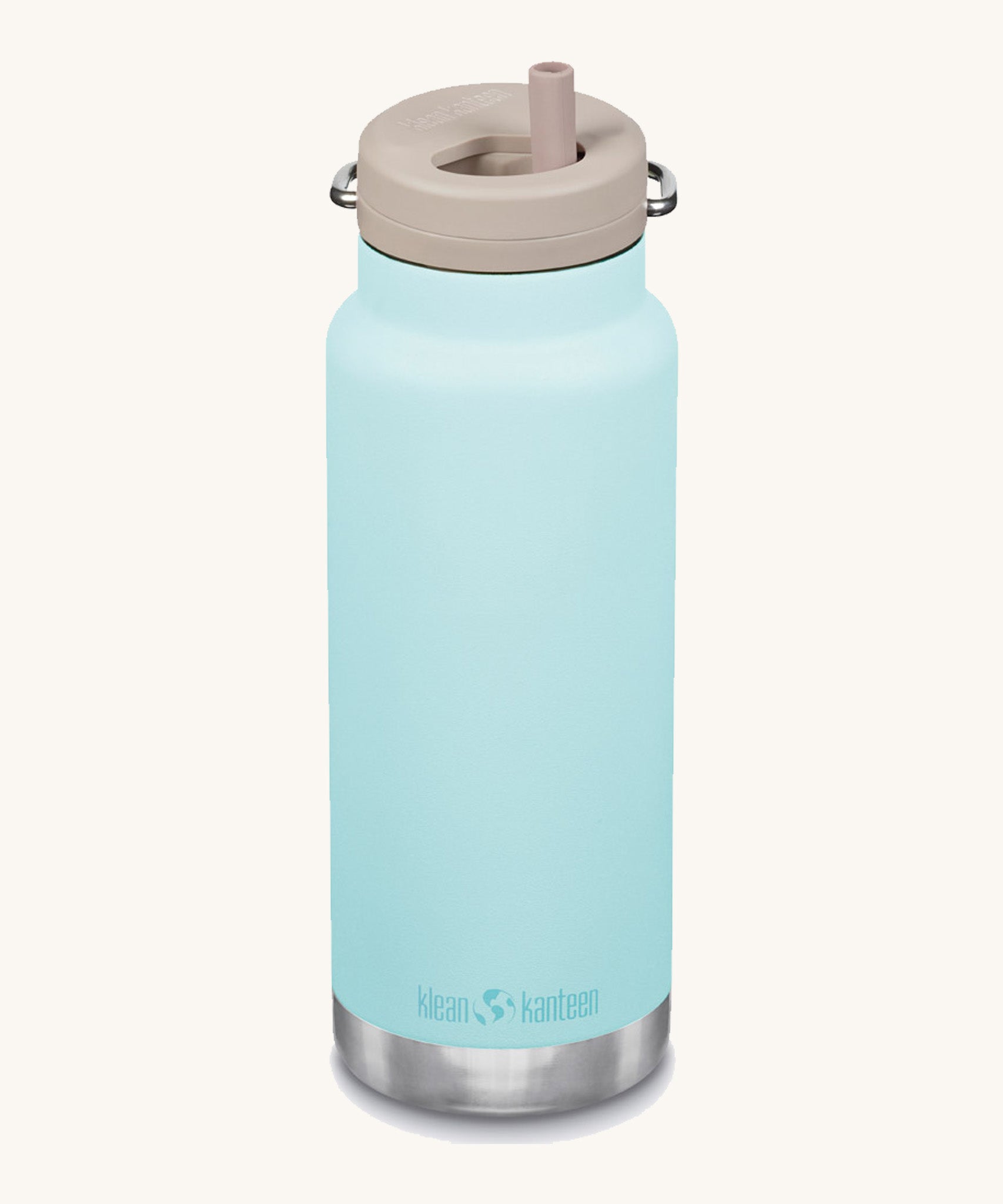 A blue Klean Kanteen 32oz TKWide insulated bottle with a twist straw cap.