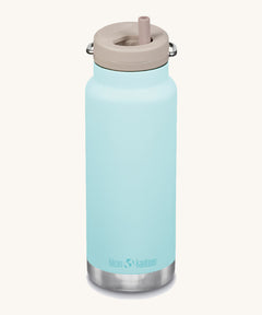 A blue Klean Kanteen 32oz TKWide insulated bottle with a twist straw cap.