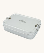 A slice of green large lunchbox with mini container available at Babipur. A stainless steel rectangular lunchbox with clips on each side for a secure lock