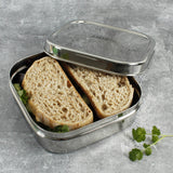 A close up of a sandwich lunch inside the A slice of green shimla large square container lunchbox