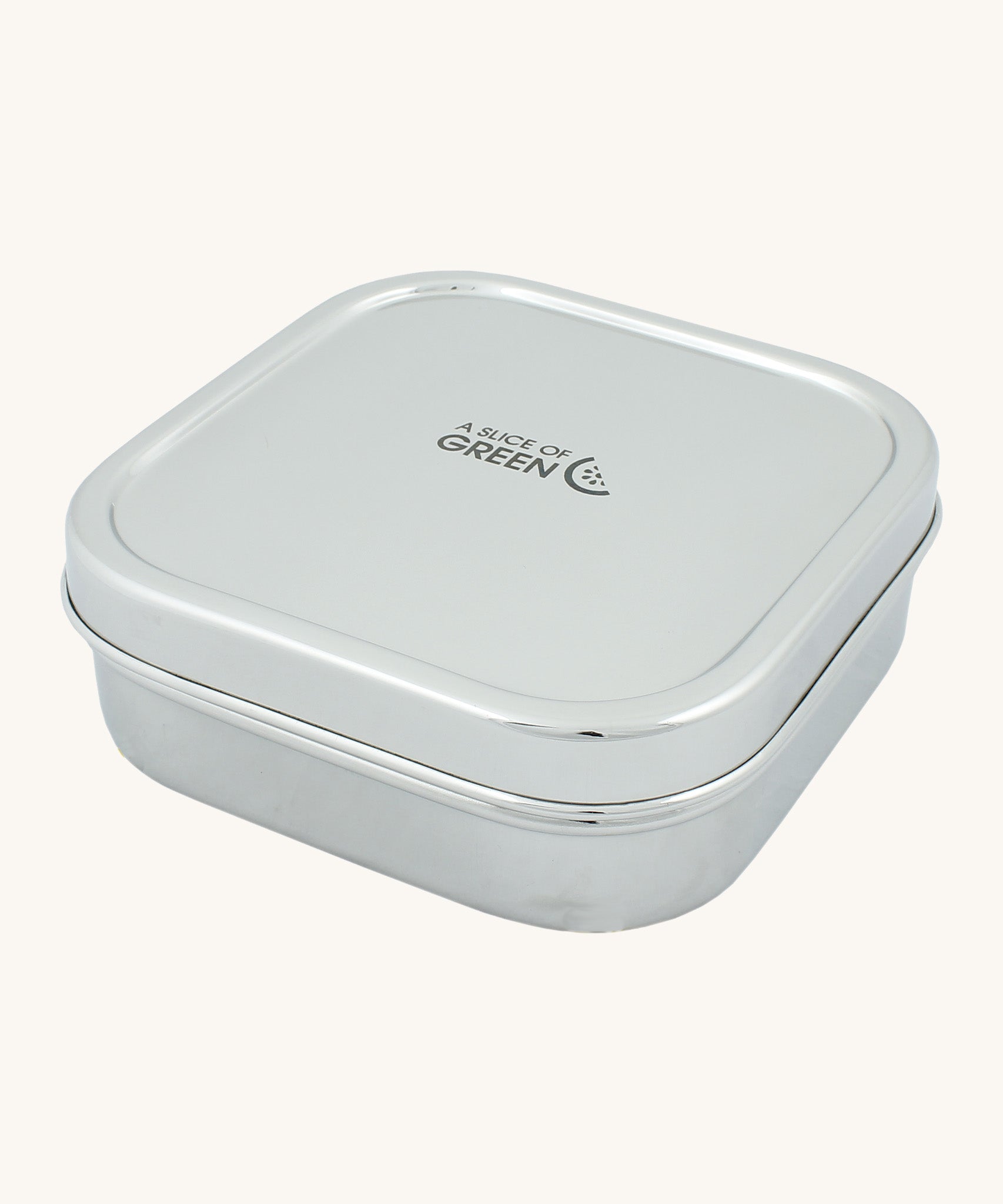 A slice of green shimla large square container lunchbox available at Babipur. A square stainless steel lunchbox with the brand logo on the lid.