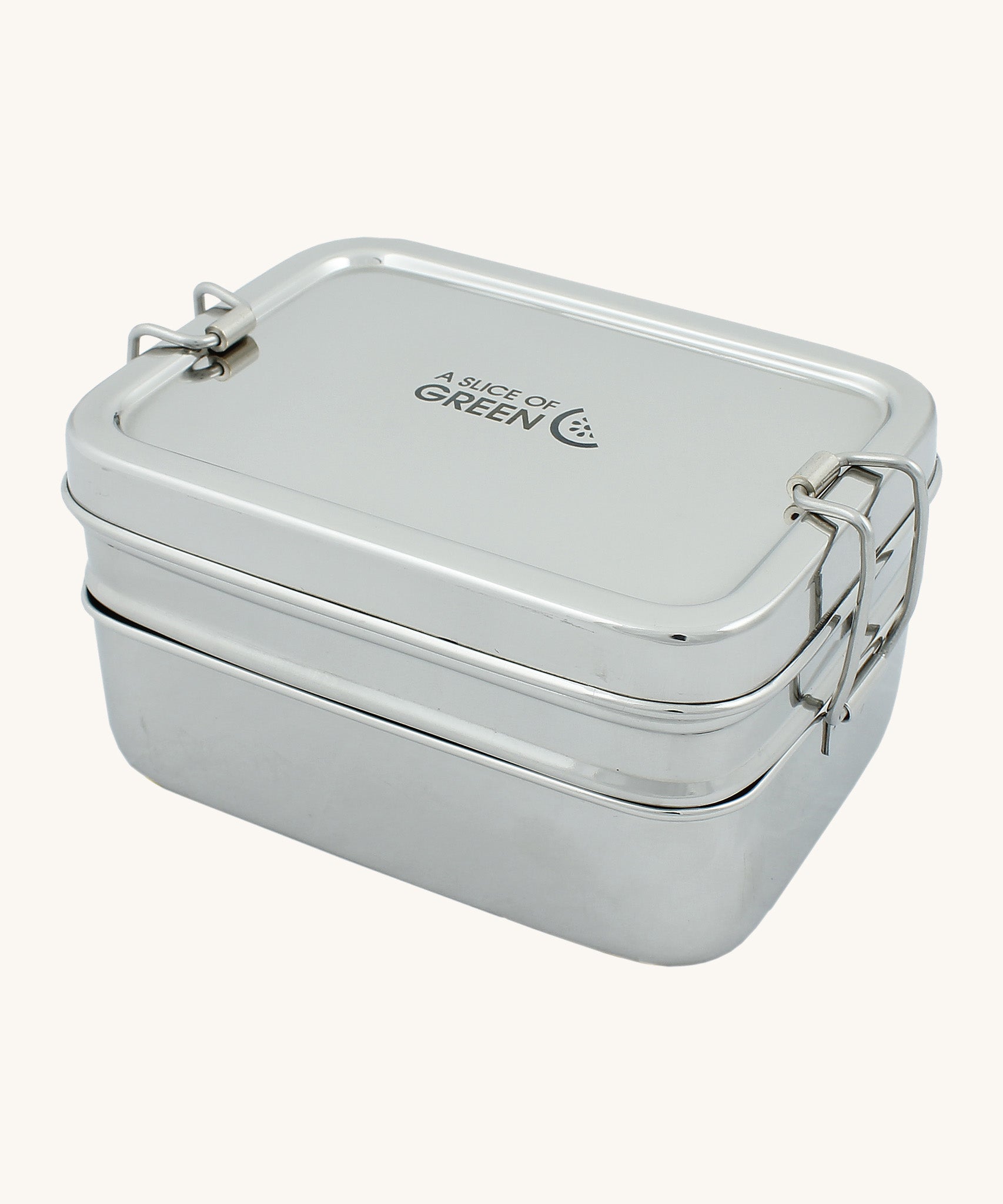 A slice of green two tier lunch box with mini container available at Babipur. A stainless steel two tier rectangular lunchbox with clips on each side for a secure lock