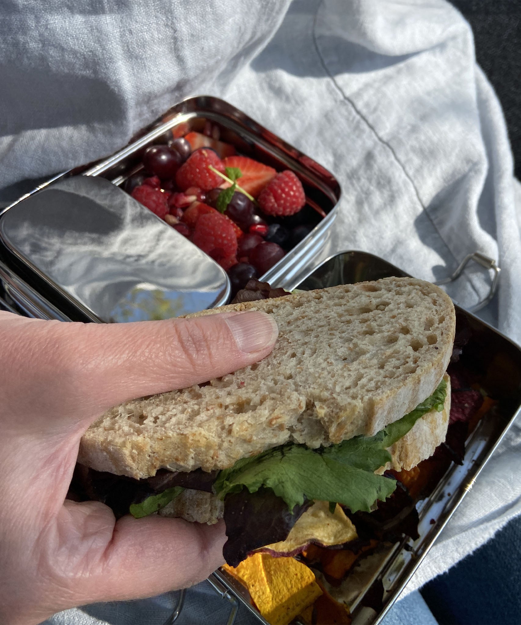 A close up of an adult holding a sandwich above the A slice of green two tier lunchbox with mini container