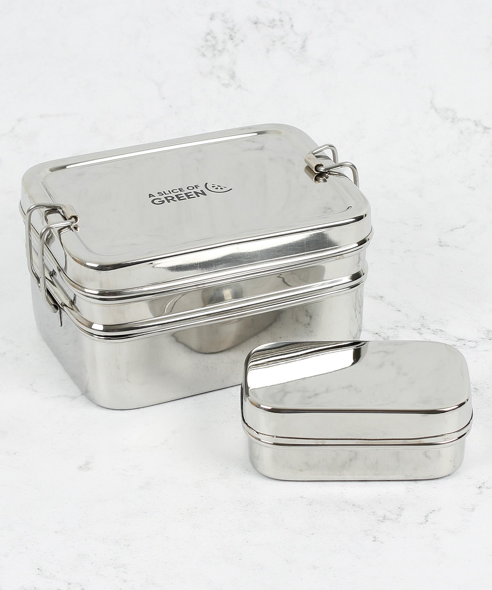 A slice of green two tier lunchbox with mini container available at Babipur.