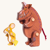 Bajo Gruffalo & Mouse Figures Set are a fun set of movable wooden figures which can move at the arms and legs. The yellow Mouse is on the left an the brown Gruffalo is on the right