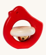 Bajo red bird rattle available at Babipur.  A wooden bird rattle with a bell in the middle.
