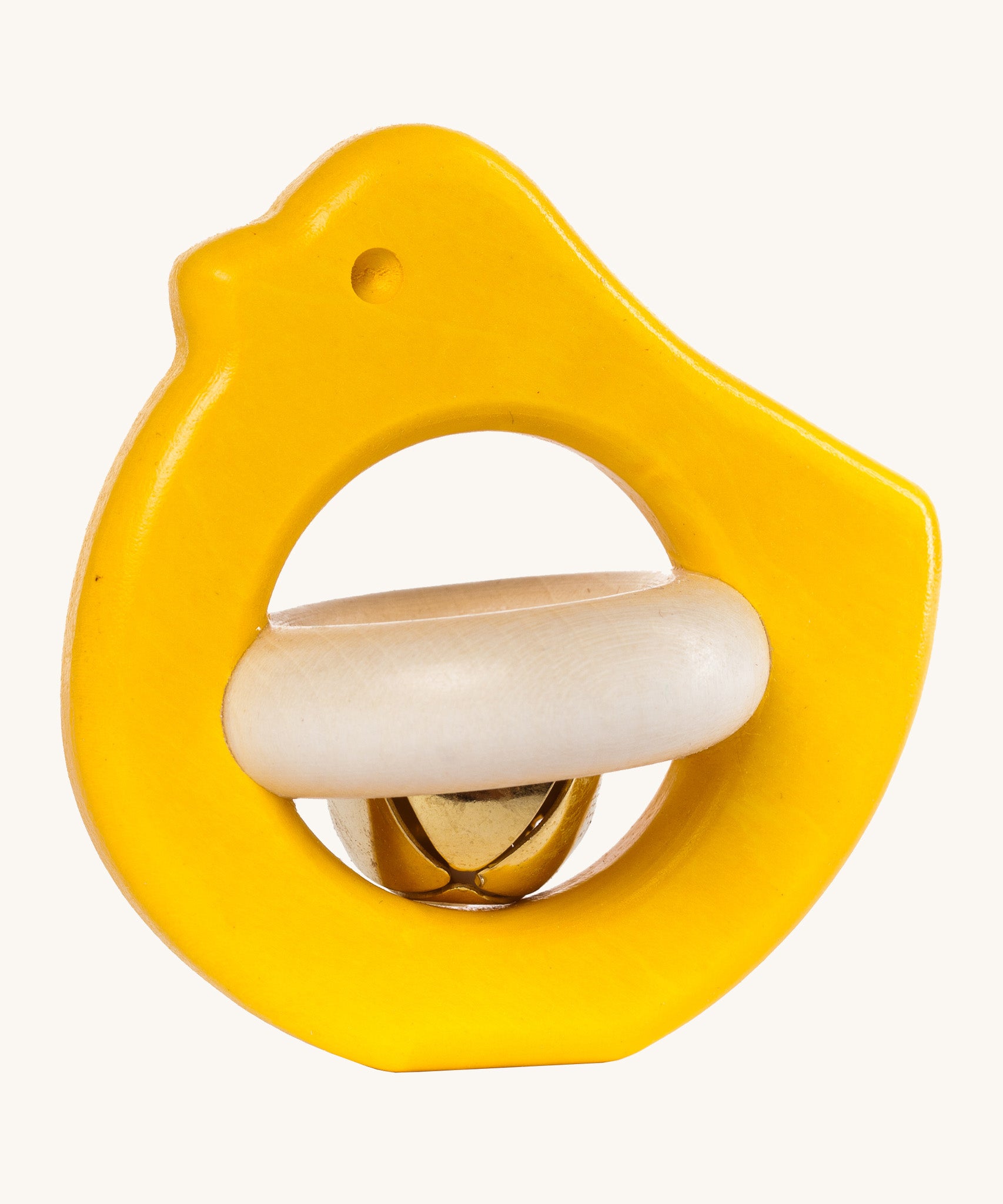 Bajo yellow bird rattle available at Babipur.  A wooden bird rattle with a bell in the middle.