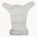 A open Bambinex adult incontinence nappy available at Babipur in white. Features a velcro fastener and a built in booster for absorbency. Pockets on each end of the nappy allows room for a booster for extra absorbency.