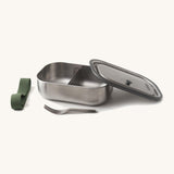 Black+Blum Large Leak Proof Stainless Steel Lunch Box with olive  green coloured strap. The lid is shown resting on the side of the lunchbox with the strap and fork besides it. This lunchbox is part of a wide range of stainless steel lunch box options available here at Babipur.