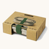 A close up of the brown cardboard packaging holding the Black + Blum leakproof stainless steel lunchbox.