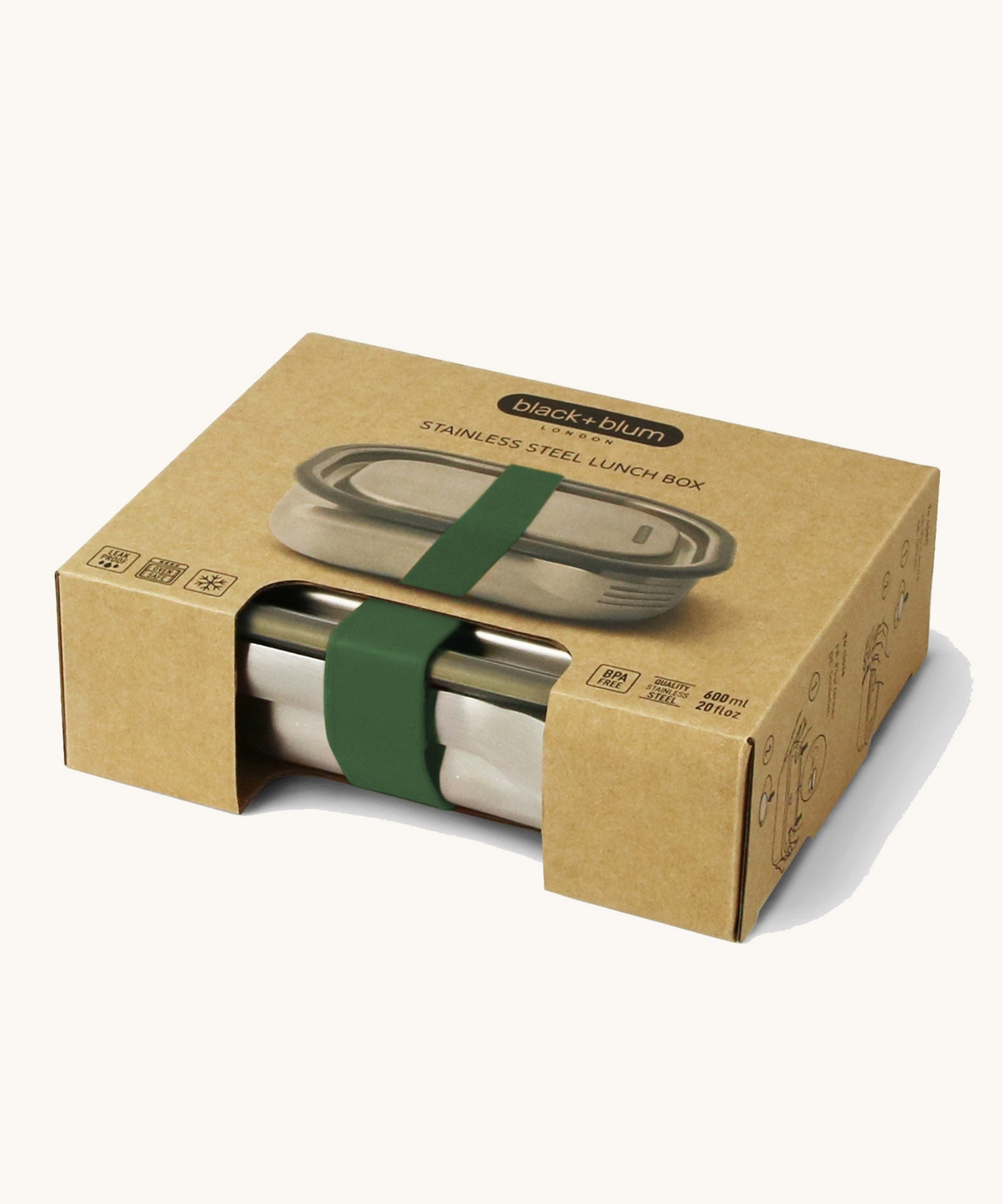 A close up of the brown cardboard packaging holding the Black + Blum leakproof stainless steel lunchbox.