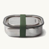 Black + Blum leakproof stainless steel lunchbox with a olive silicone holder available at Babipur. Features a matching stainless steel fork