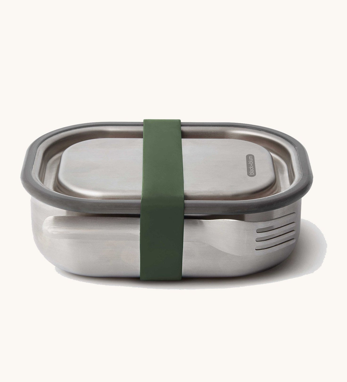 Black + Blum leakproof stainless steel lunchbox with a olive silicone holder available at Babipur. Features a matching stainless steel fork