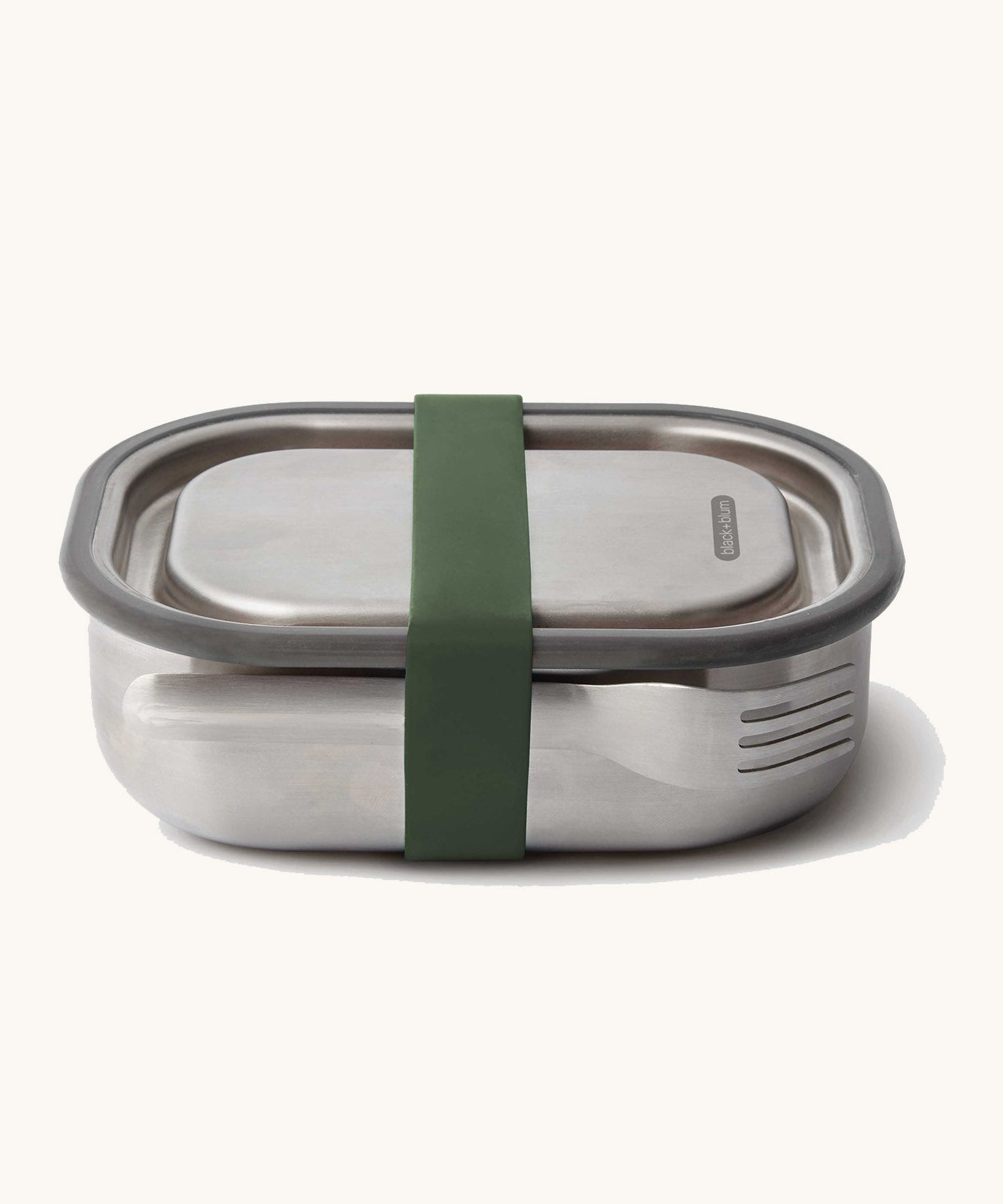 Black + Blum leakproof stainless steel lunchbox with a olive silicone holder available at Babipur. Features a matching stainless steel fork