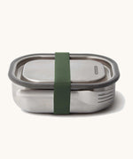 Black + Blum leakproof stainless steel lunchbox with a olive silicone holder available at Babipur. Features a matching stainless steel fork