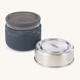 A close up of the Black + Blum leakproof microwave safe glass lunchbowl in slate showing the  leakproof silicone lid detail