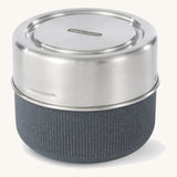 Black + Blum leakproof microwave safe glass lunchbowl in slate available at Babipur. Features a leakproof stainless steel lid and a protective wooden case