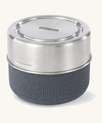 Black + Blum leakproof microwave safe glass lunchbowl in slate available at Babipur. Features a leakproof stainless steel lid and a protective wooden case