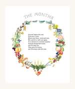 The Months poem inside the Around The Year book by Elsa Beskow. The images shows a small poem describing the months with a fruit and floral circle around the outside of the poem. Each flower and fruit is representing a month of the year. The image is on a cream background.