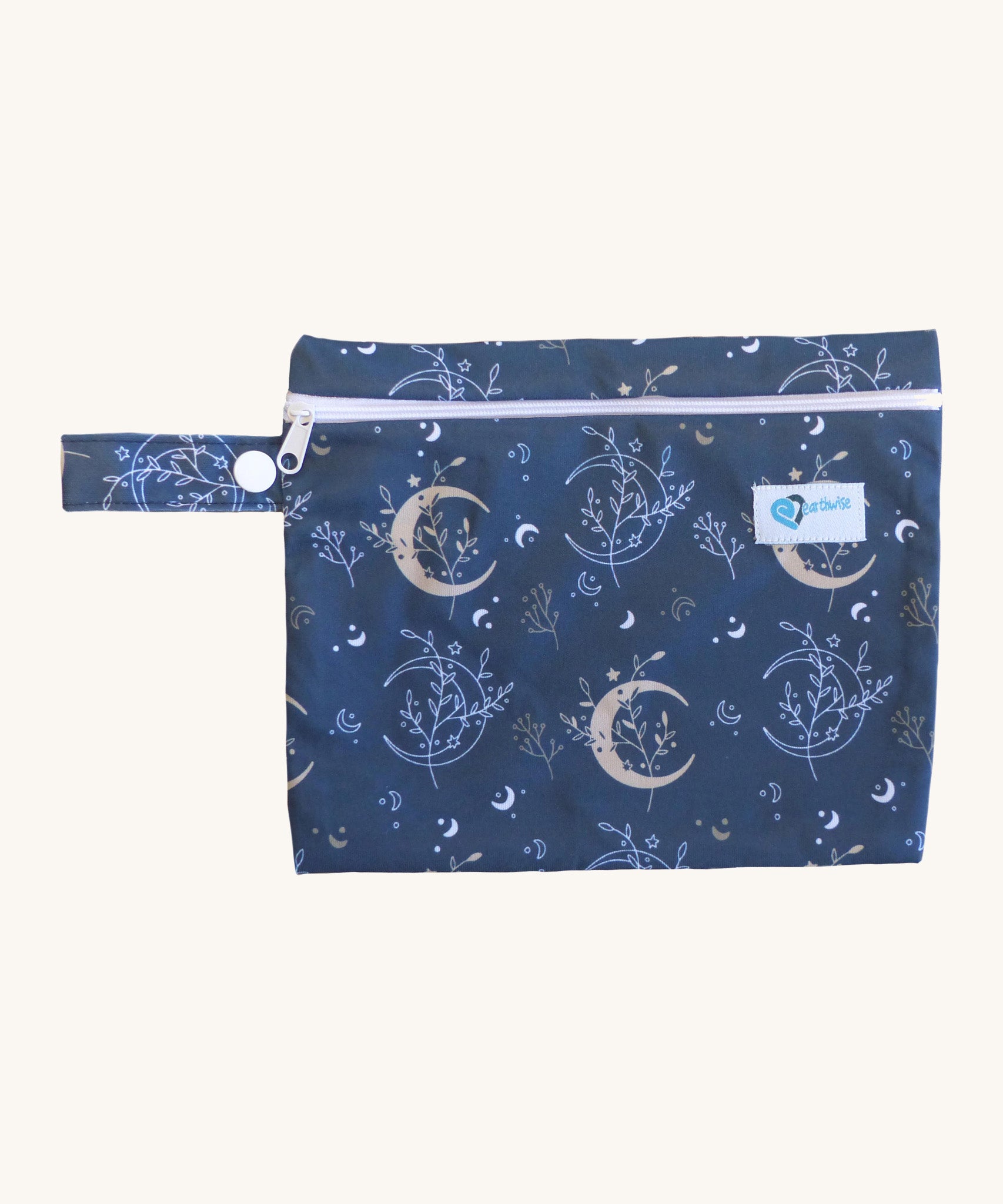 Earthwise Period Pad Purse in harvest moon design. A navy csp bag with a white zip fastener