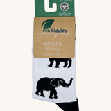 Eco kiddies wild about wildlife organic cotton socks available at Babipur. A white sock with black detail and features a cute panda, elephant and rhino design