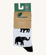 Eco kiddies wild about wildlife organic cotton socks available at Babipur. A white sock with black detail and features a cute panda, elephant and rhino design