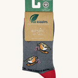 Eco kiddies chirpy robins organic cotton socks available at Babipur. A grey sock with red detail and features a cute signing robin design