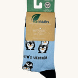 Eco kiddies friendly penguins organic cotton socks available at Babipur. A light blue sock with black detail and features a cute playful penguin design