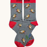 Eco kiddies chirpy robins organic cotton kids socks. A grey sock with red detail and features a cute signing robin design with a slogan saying 'harmonising with nature's glee'