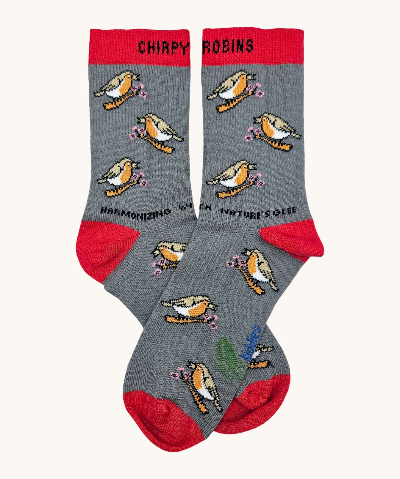 Eco kiddies chirpy robins organic cotton kids socks. A grey sock with red detail and features a cute signing robin design with a slogan saying 'harmonising with nature's glee'