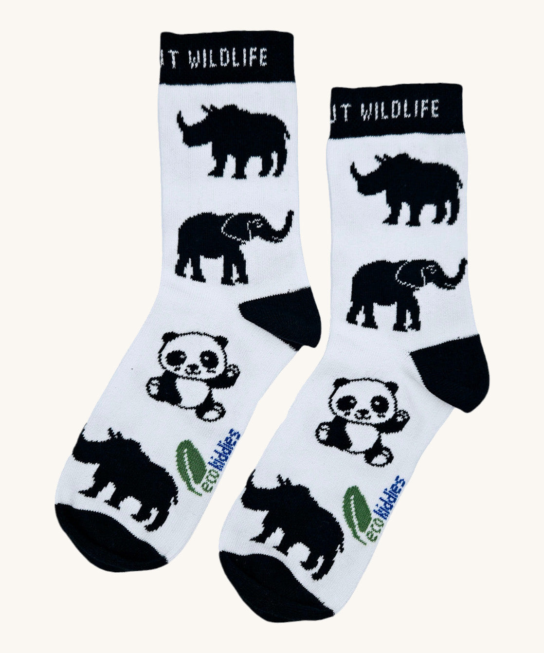 Eco kiddies wild about wildlife organic cotton kids socks available at Babipur. A white sock with black detail and a cute elephant, panda and rhino design in black.