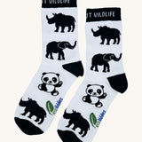 Eco kiddies wild about wildlife organic cotton kids socks available at Babipur. A white sock with black detail and a cute elephant, panda and rhino design in black.