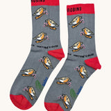 Eco kiddies chirpy robins organic cotton kids socks. A grey sock with red detail matching red ankle cuff and a cute singing robin design
