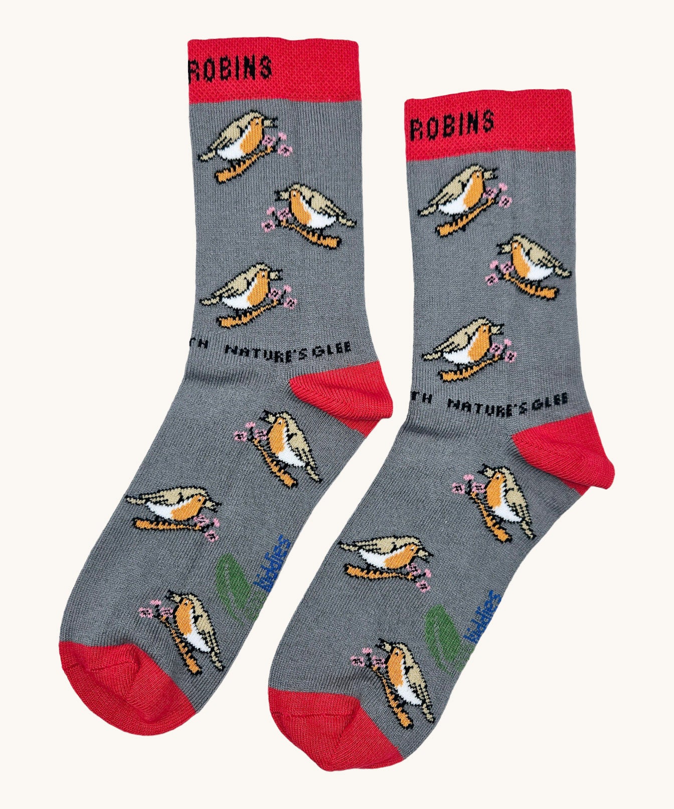 Eco kiddies chirpy robins organic cotton kids socks. A grey sock with red detail matching red ankle cuff and a cute singing robin design
