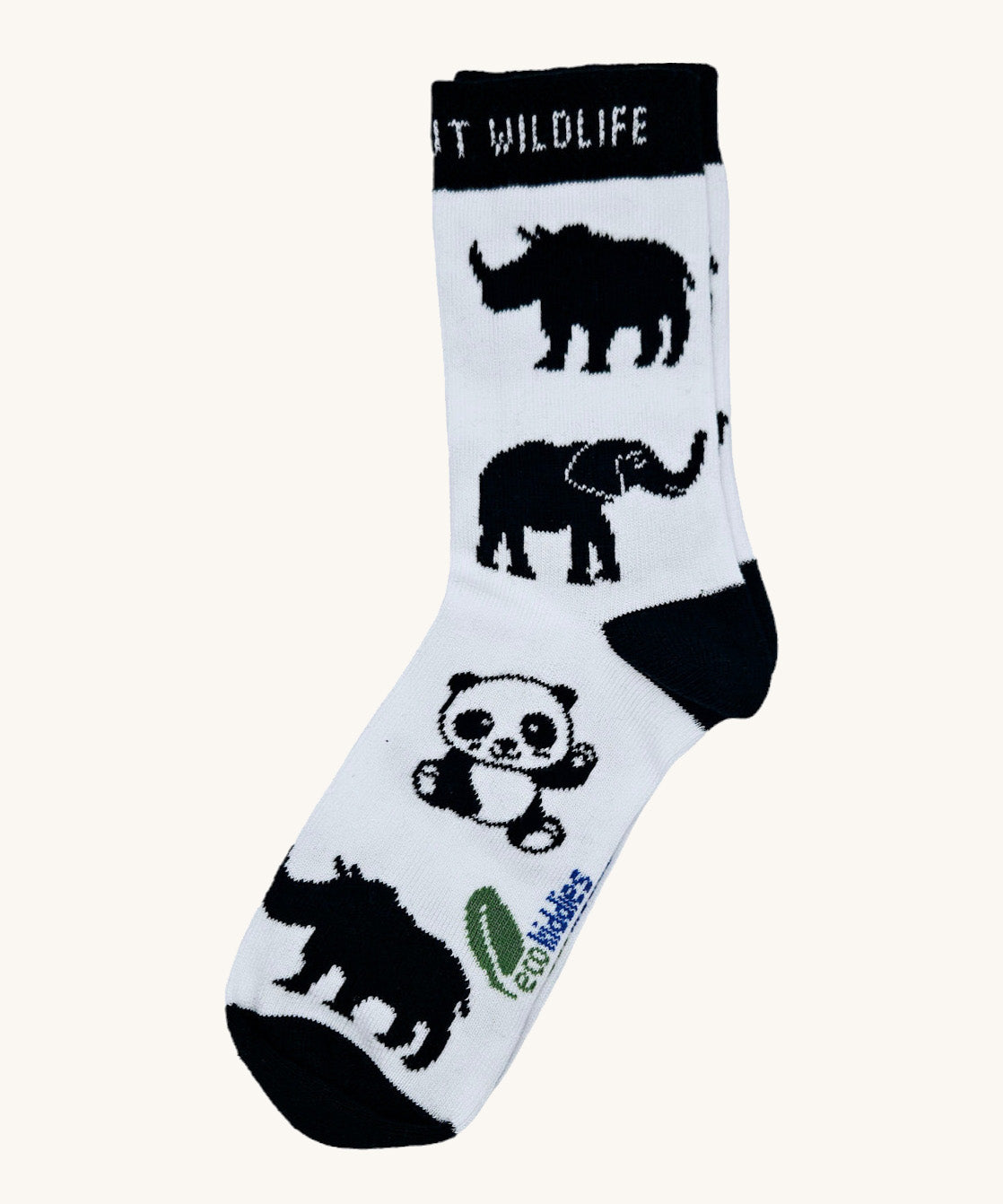 Eco kiddies wild about wildlife organic cotton kids socks. A white sock with black heal and toe detail and matching cuff. Features a cute panda, elephant and rhino design with a branding on the sole