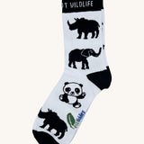 Eco kiddies wild about wildlife organic cotton kids socks. A white sock with black heal and toe detail and matching cuff. Features a cute panda, elephant and rhino design with a branding on the sole