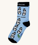 Eco kiddies friendly penguins organic cotton kids socks. A light blue sock with black heal and toe detail and matching cuff.