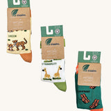 Eco kiddies green guardians organic sock bundle available at Babipur. A pack of 3 organic cotton socks includingn a yellow cheetah sock, a white giraffe and green butterfly sock