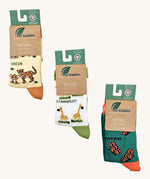 Eco kiddies green guardians organic sock bundle available at Babipur. A pack of 3 organic cotton socks includingn a yellow cheetah sock, a white giraffe and green butterfly sock