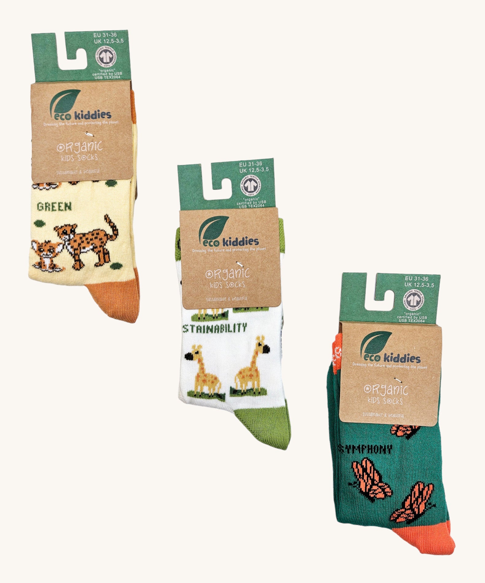 Eco kiddies green guardians organic sock bundle available at Babipur. A pack of 3 organic cotton socks includingn a yellow cheetah sock, a white giraffe and green butterfly sock