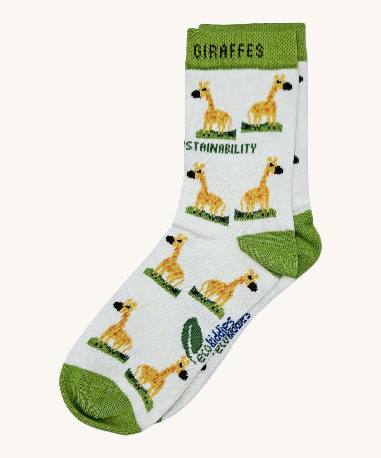 Eco kiddies organic cotton white giraffe sock with green detail and a cute giraffe design with branding on the sole
