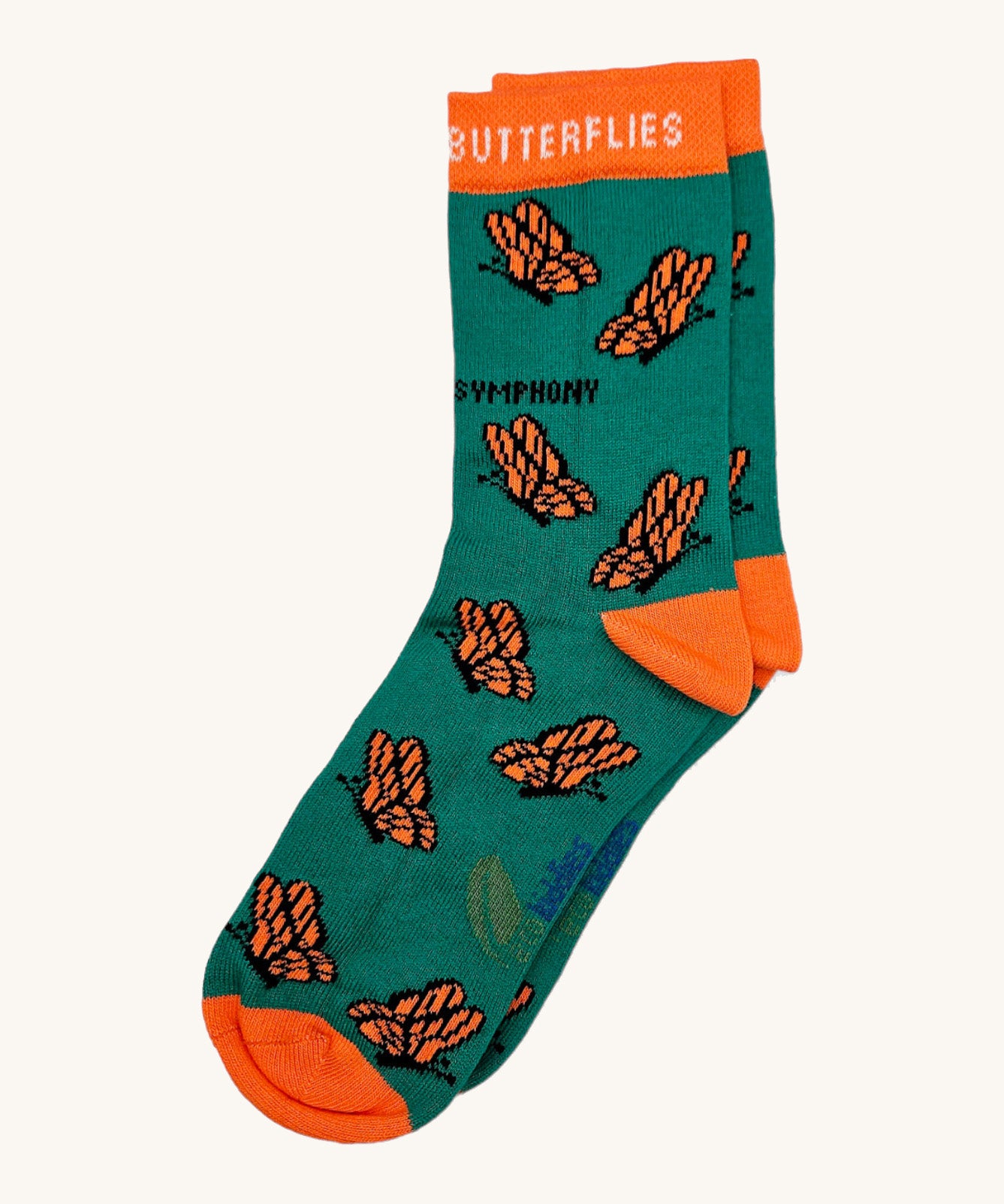Eco kiddies organic cotton green butterfly sock with orange detail and a cute orange butterfly design with branding on the sole