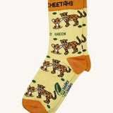Eco kiddies organic cotton yellow cheetah sock with orange detail and a cute cheetah design with branding on the sole