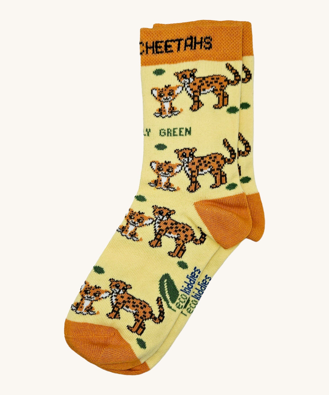 Eco kiddies organic cotton yellow cheetah sock with orange detail and a cute cheetah design with branding on the sole