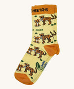Eco kiddies organic cotton yellow cheetah sock with orange detail and a cute cheetah design with branding on the sole