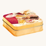 Erzi Wooden Cream Pastries In A Tin. A closer look at the decorative metal tin, in a golden colour with a real life photo of cakes on the front