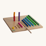 The colourful pegs in the Erzi Toys Counting Peg Board, stacked on top of each other. This would be a great toy for colour matching games too.