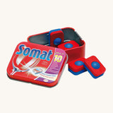 Erzi Wooden Dishwasher Tabs In A Tin. Dirt and grim don't stand a chance with these Erzi Play Dishwasher tablets. Carefully stored in their tin, these blue and red dishwasher tablets are great for kitchen and cleaning play!